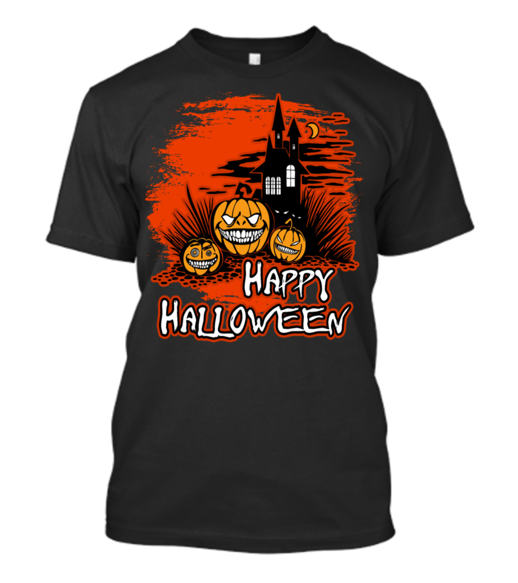 Happy Halloween Grinning Pumpkins With Haunted House Scene T-Shirt