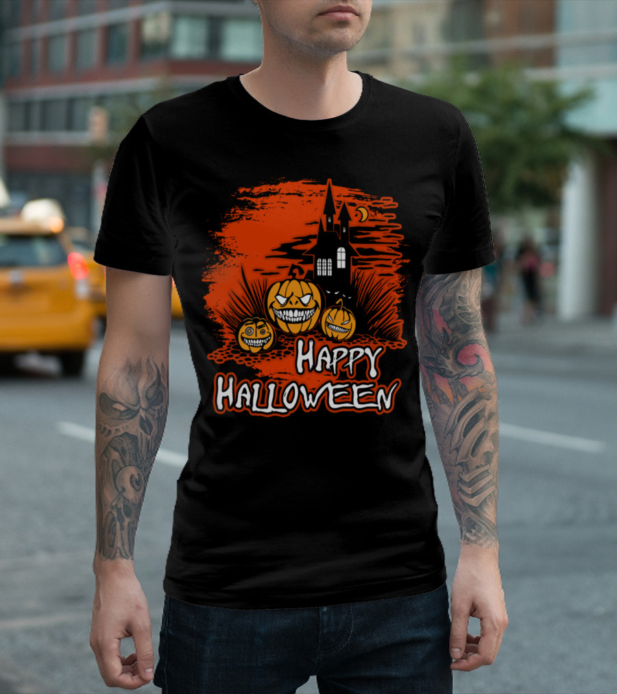 Happy Halloween Grinning Pumpkins With Haunted House Scene T-Shirt
