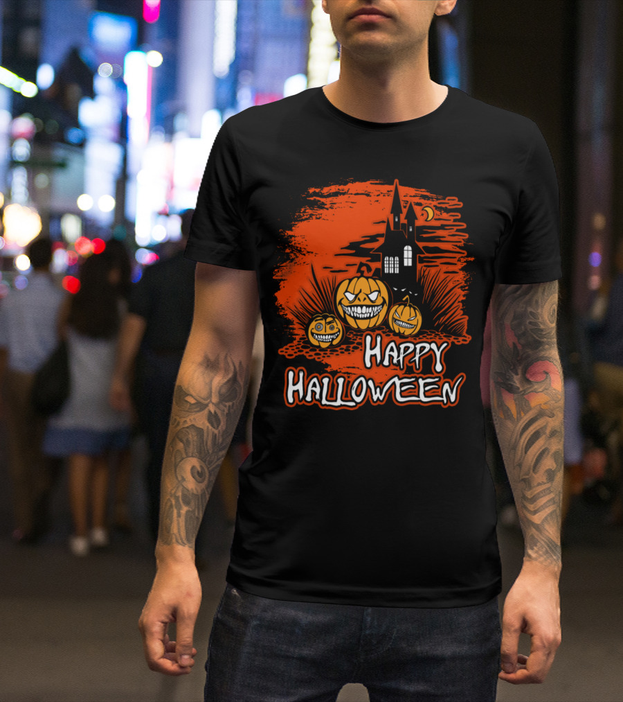 Happy Halloween Grinning Pumpkins With Haunted House Scene T-Shirt