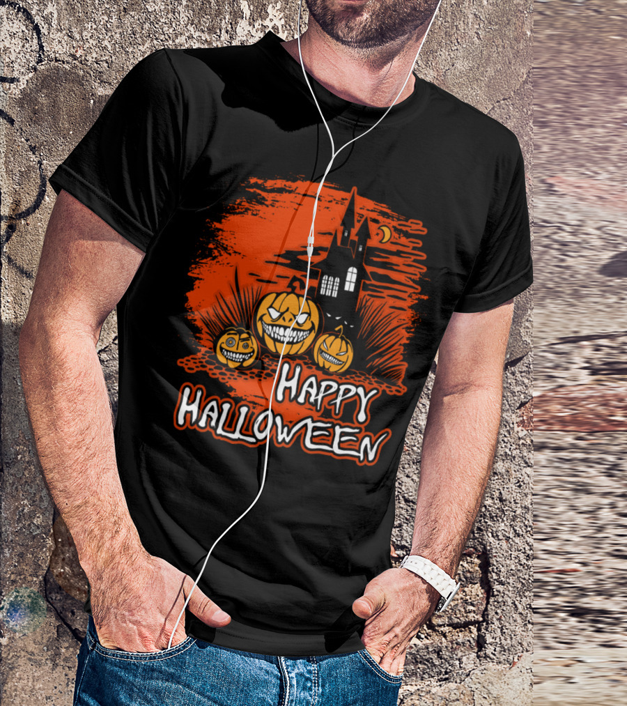 Happy Halloween Grinning Pumpkins With Haunted House Scene T-Shirt