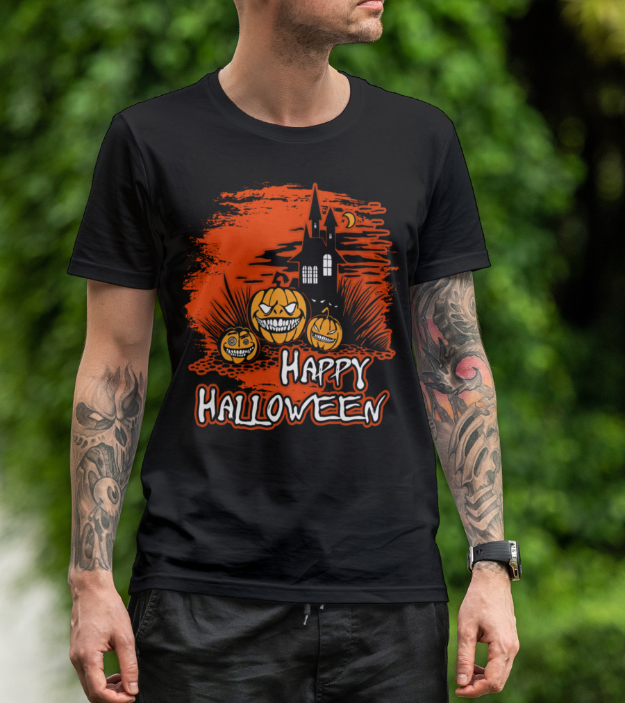 Happy Halloween Grinning Pumpkins With Haunted House Scene T-Shirt