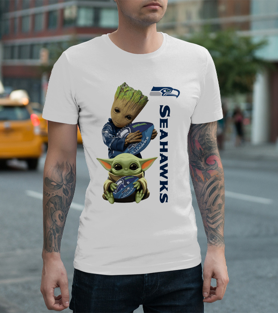 Baby Groot and Baby Yoda Hugging Seahawks Football T-Shirt