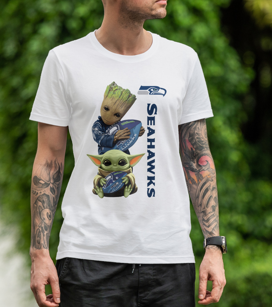 Baby Groot And Baby Yoda Hugging Seahawks Football T-Shirt