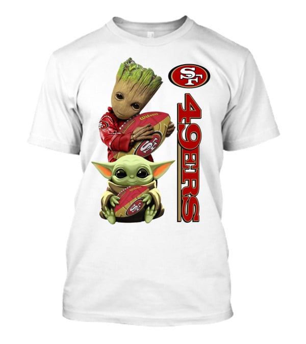 Baby Groot And Baby Yoda Hug San Francisco 49ers Football T-Shirt