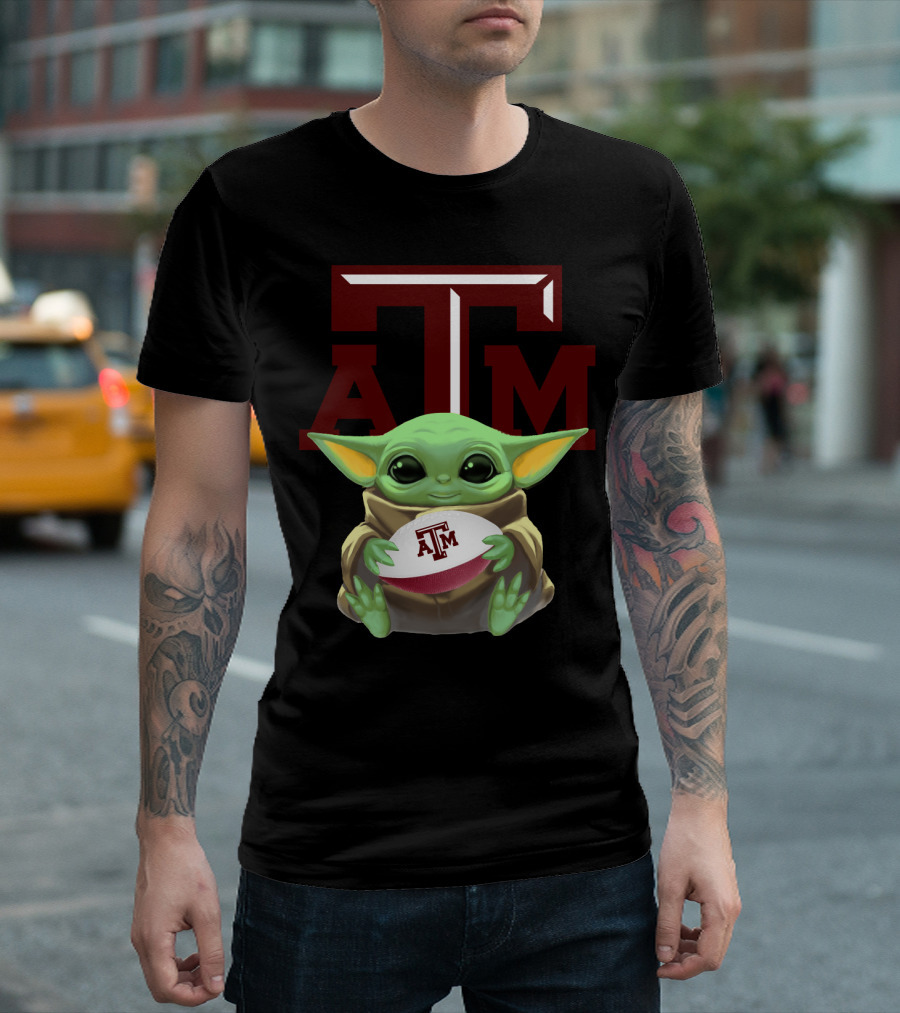 Baby Yoda Holding Texas A&M Aggies Football ATM T-Shirt