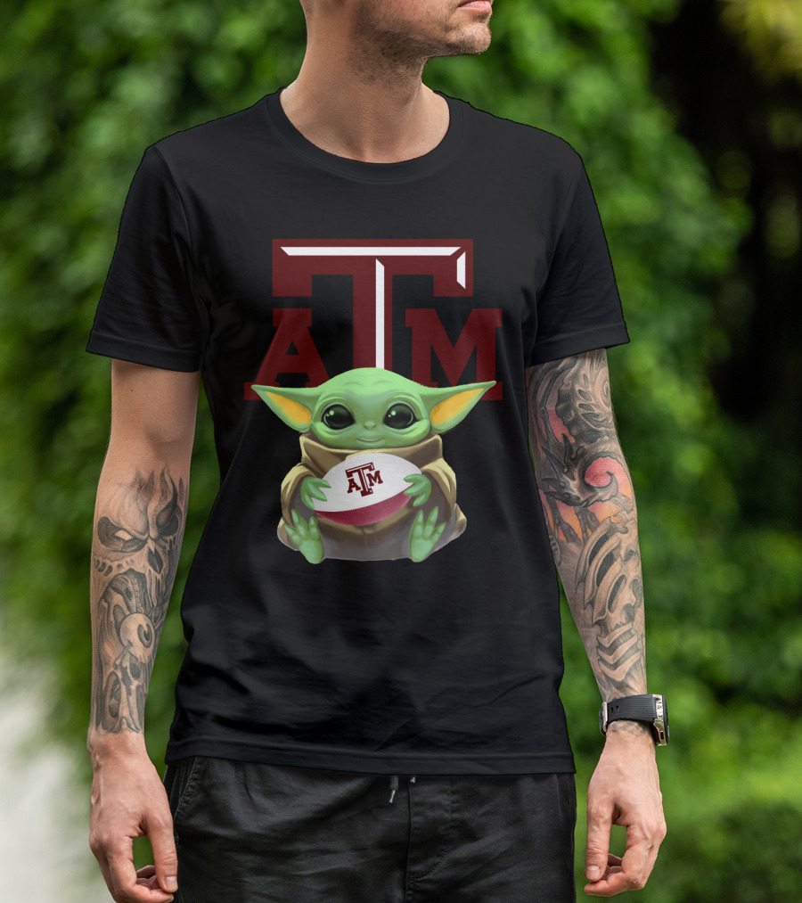 Baby Yoda Holding Texas A&M Aggies Football ATM T-Shirt