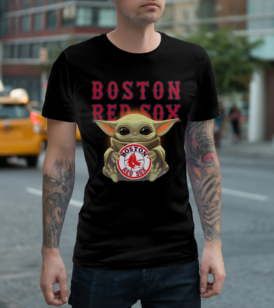 Boston Red Sox Baby Yoda Hugging Red Sox Emblem T-Shirt
