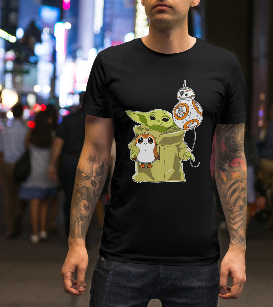 Baby Yoda Hug Sad Porg With BB-8 Balloon T-Shirt