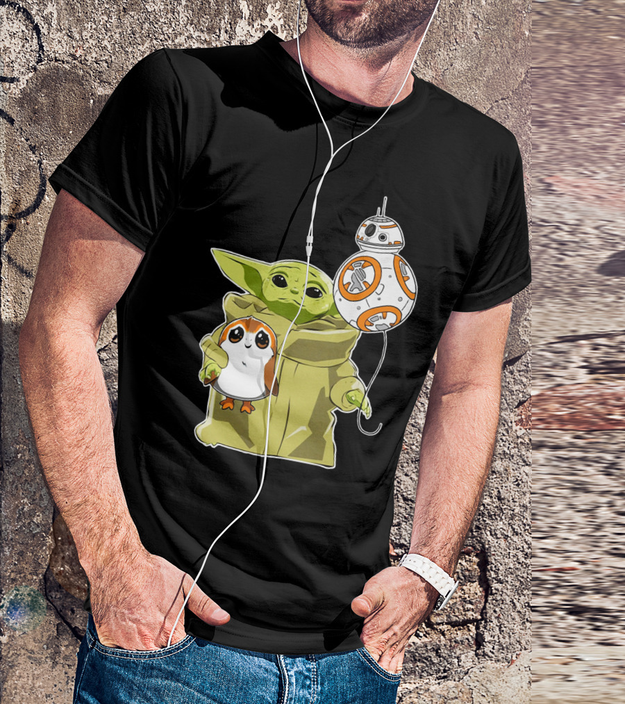 Baby Yoda Hug Sad Porg With BB-8 Balloon T-Shirt
