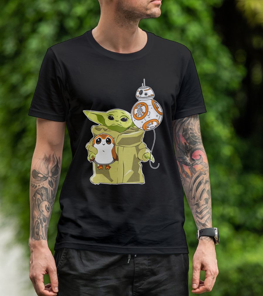 Baby Yoda Hug Sad Porg With BB-8 Balloon T-Shirt