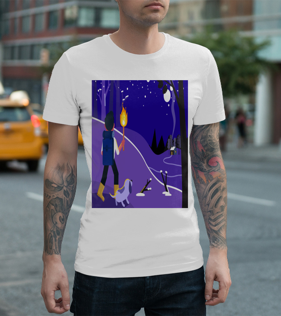 Nighttime Hiker with Backpack and Dog Under Moonlit Sky T-Shirt
