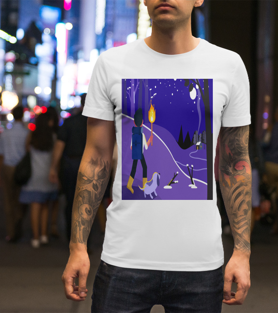 Nighttime Hiker With Backpack And Dog Under Moonlit Sky T-Shirt