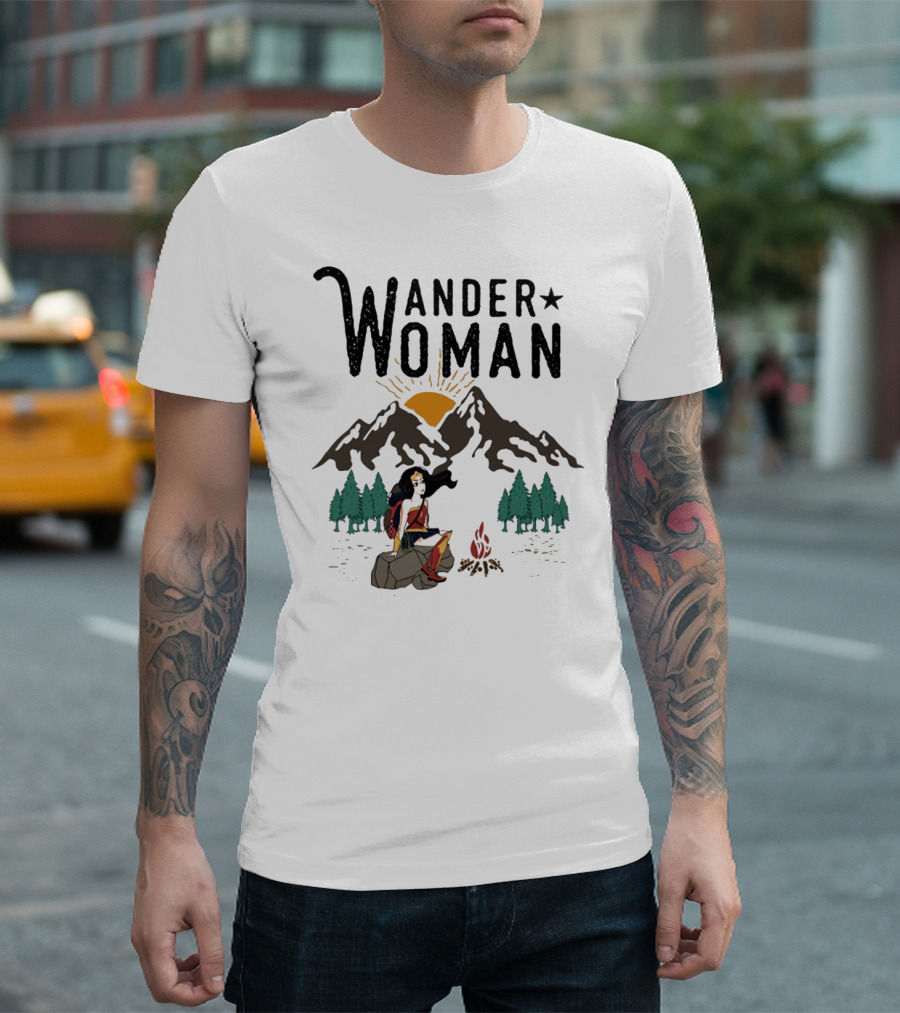 Wander Woman Hiking Adventure Sitting by Campfire with Mountains and Forest T-Shirt