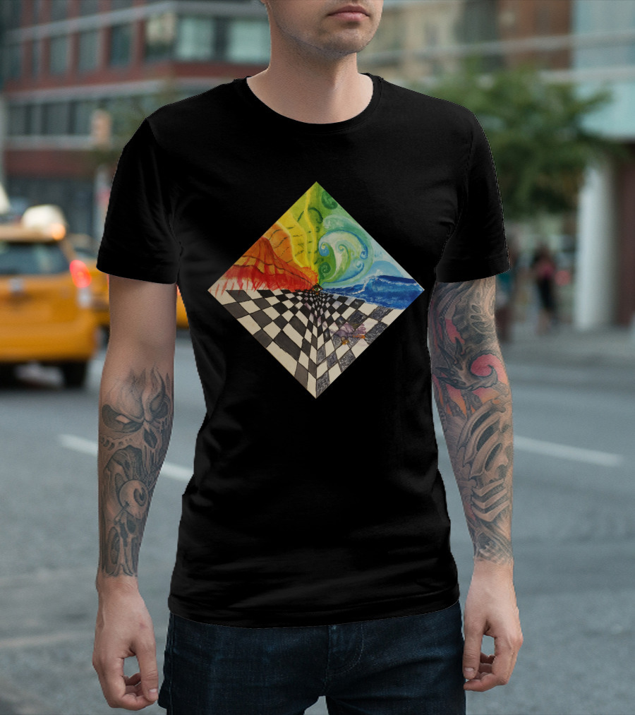 Mind Grid Surreal Checkerboard with Elemental Waves and Vivid Colors T-Shirt