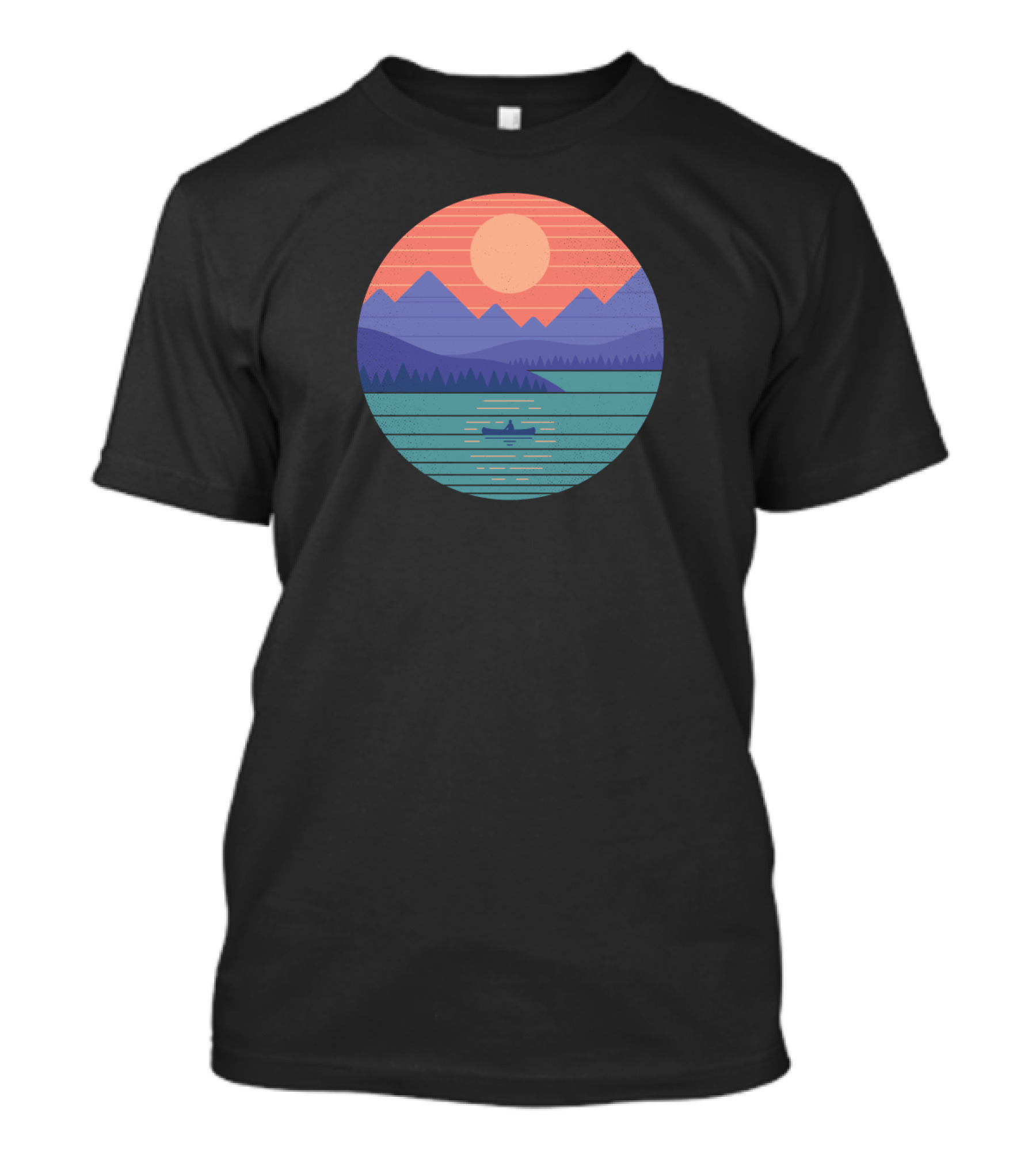 Geometric Sun And Mountain Landscape Over Tranquil Lake With Boat T-Shirt