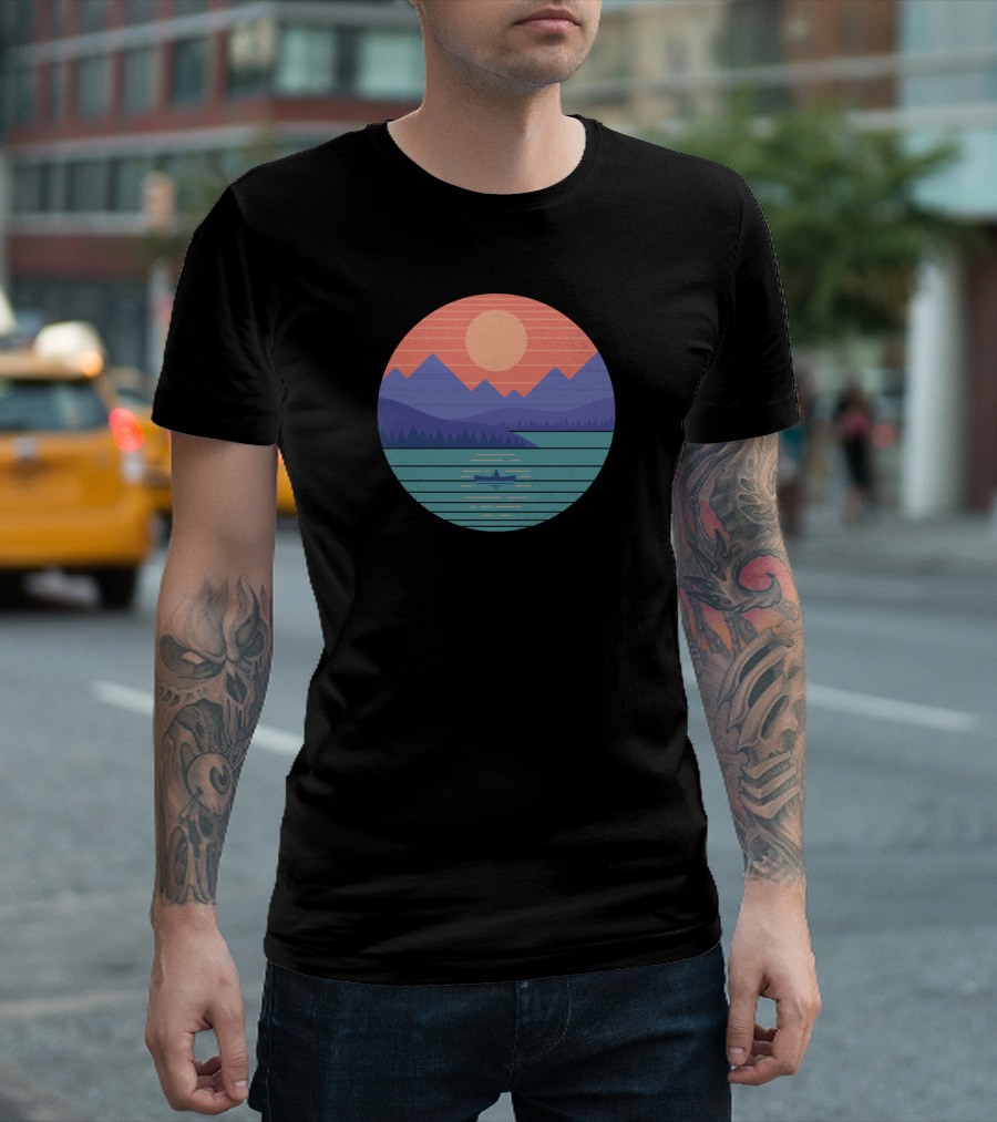 Geometric Sun And Mountain Landscape Over Tranquil Lake With Boat T-Shirt