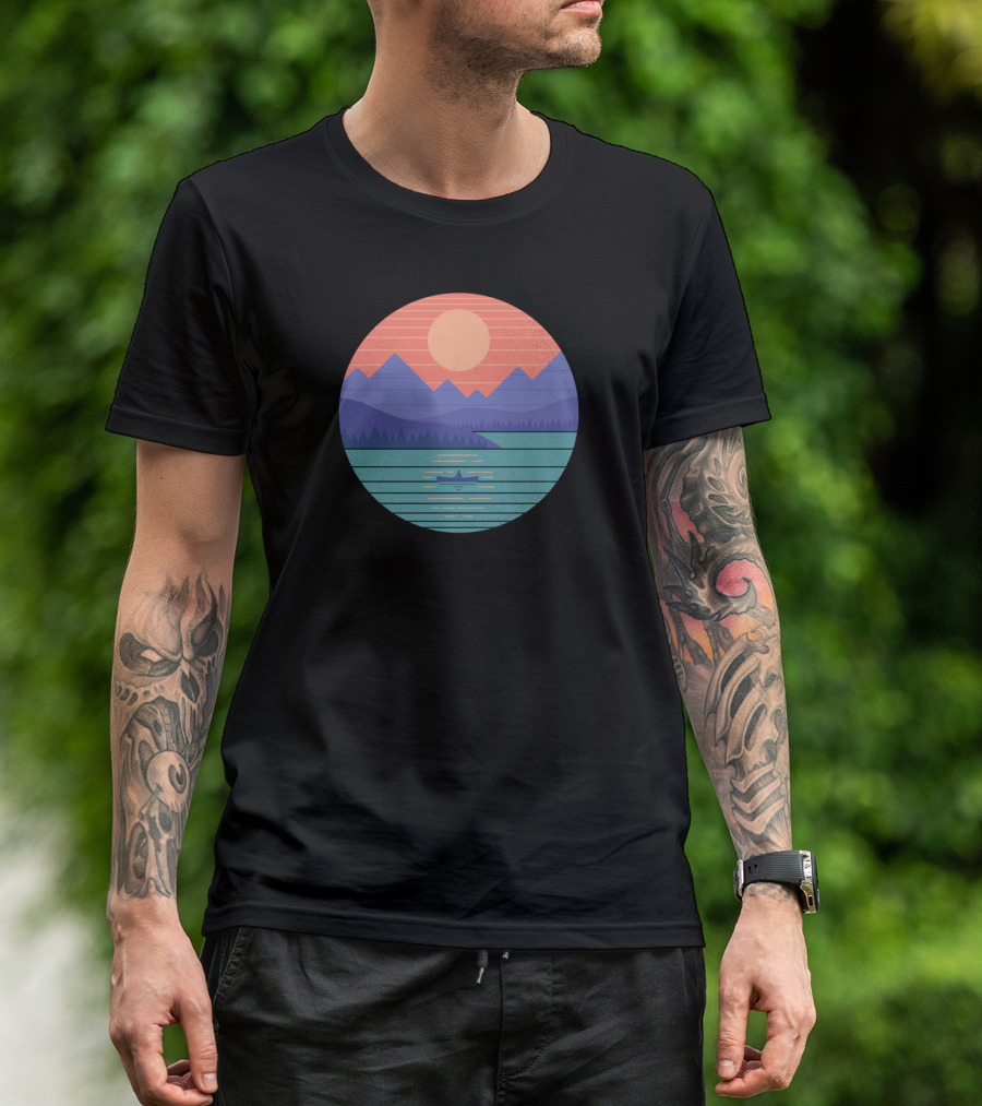 Geometric Sun And Mountain Landscape Over Tranquil Lake With Boat T-Shirt