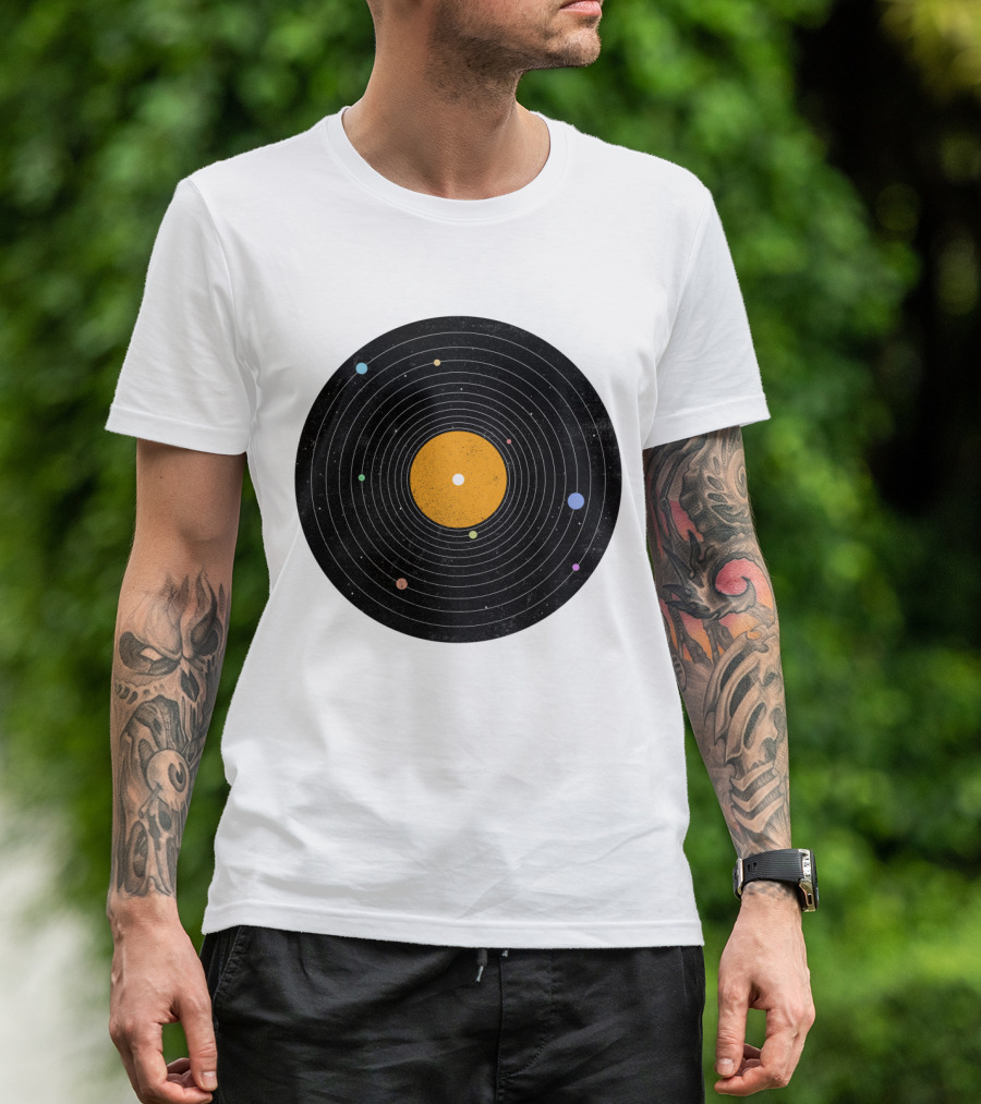 Solar System Vinyl Record Planets Orbiting Cosmic Sound T-Shirt