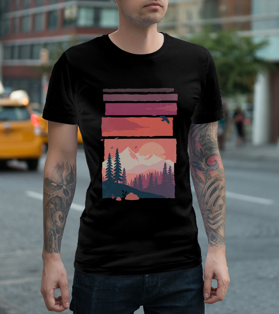 At Dusk Mountain Sunset with Pine Trees and Bird Silhouette in Striped Layers T-Shirt