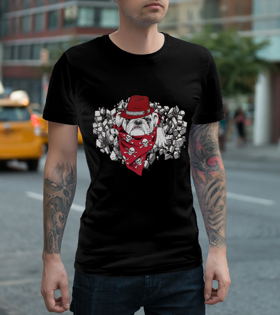 Bulldog in Red Hat and Skull Bandana with Brick Background 'How I Look?' T-Shirt