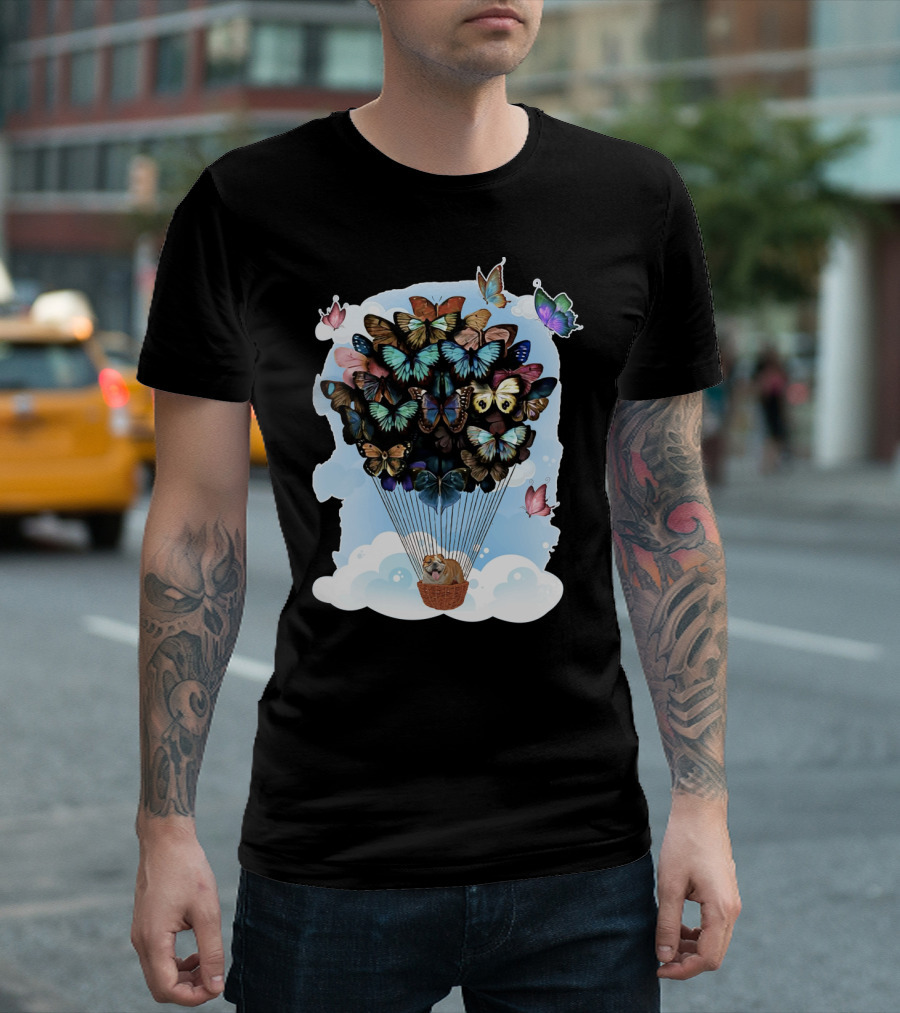 Bulldog Flying with Vibrant Butterfly Hot Air Balloon in Sky T-Shirt