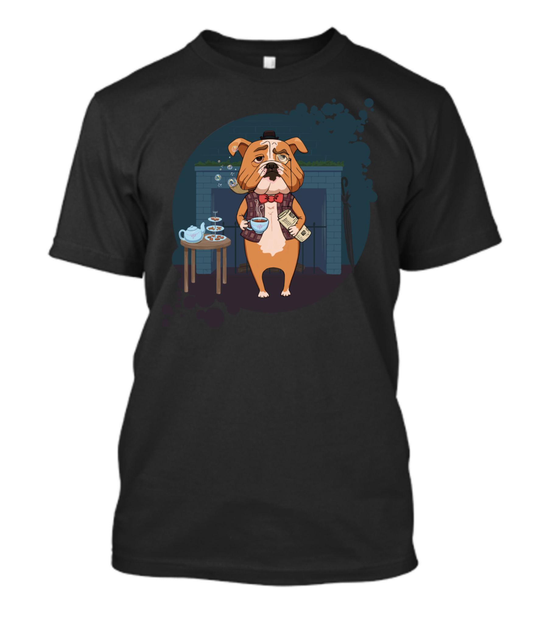 British Bulldog Tea Time With Top Hat, Red Bow Tie, Waistcoat, Fireplace, Newspaper, And Teacakes Display T-Shirt