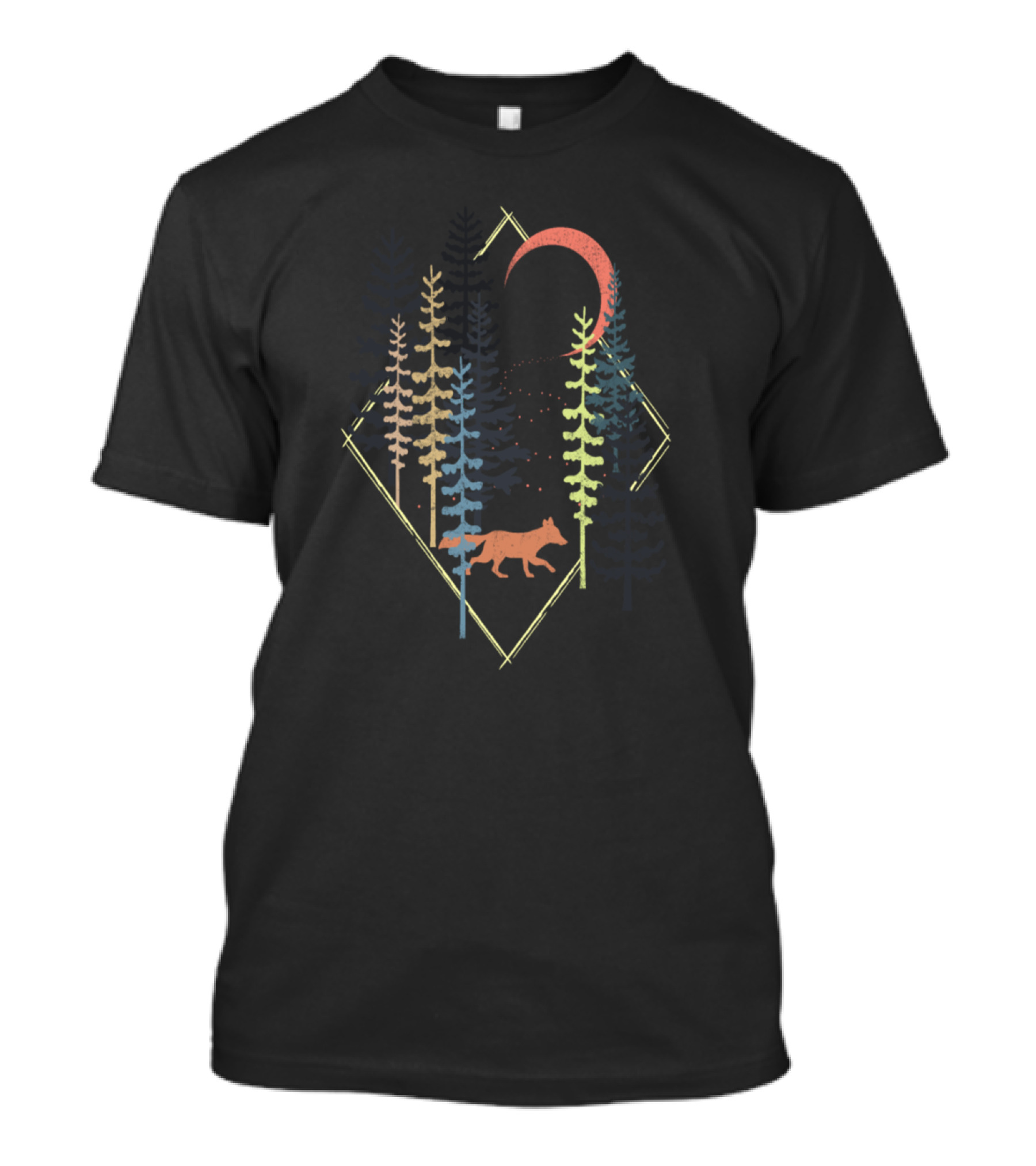 FoxHobbies Camping Moonlit Forest Silhouette With Running Fox And Geometric Trees T-Shirt
