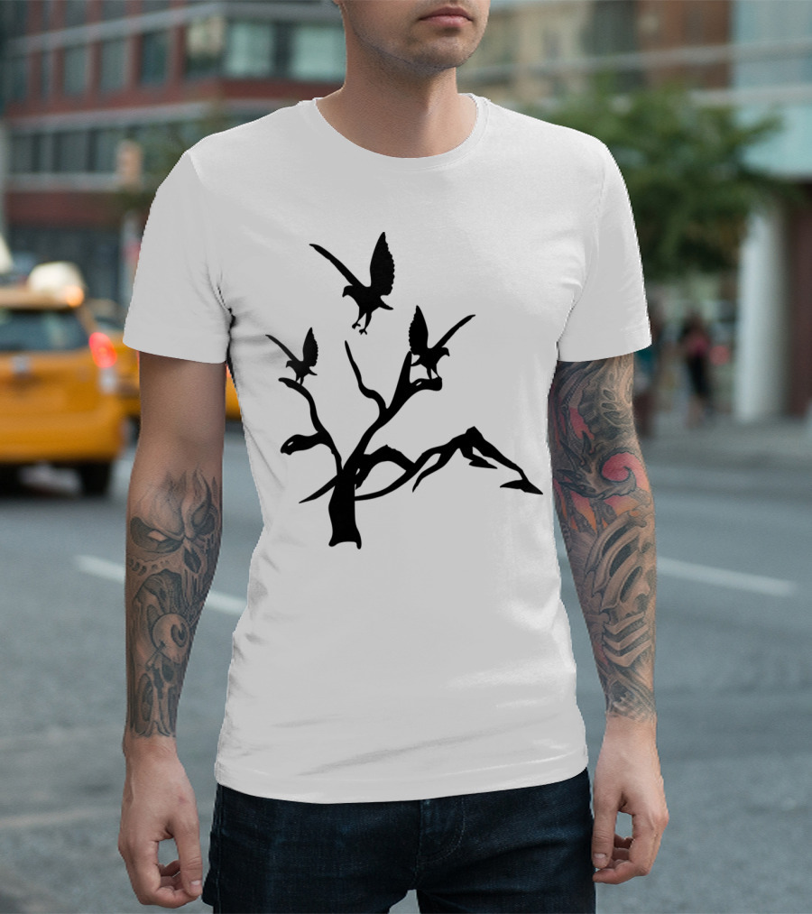Eagle Silhouettes on Branches Against Mountainous Landscape T-Shirt