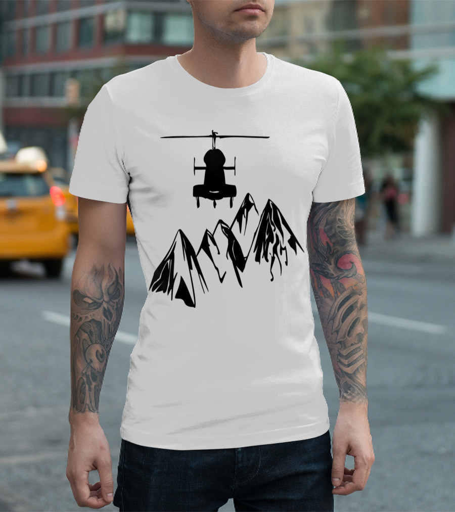 Helicopter Silhouette Above Mountain Peaks T-Shirt