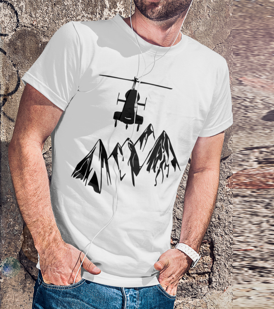 Helicopter Silhouette Above Mountain Peaks T-Shirt