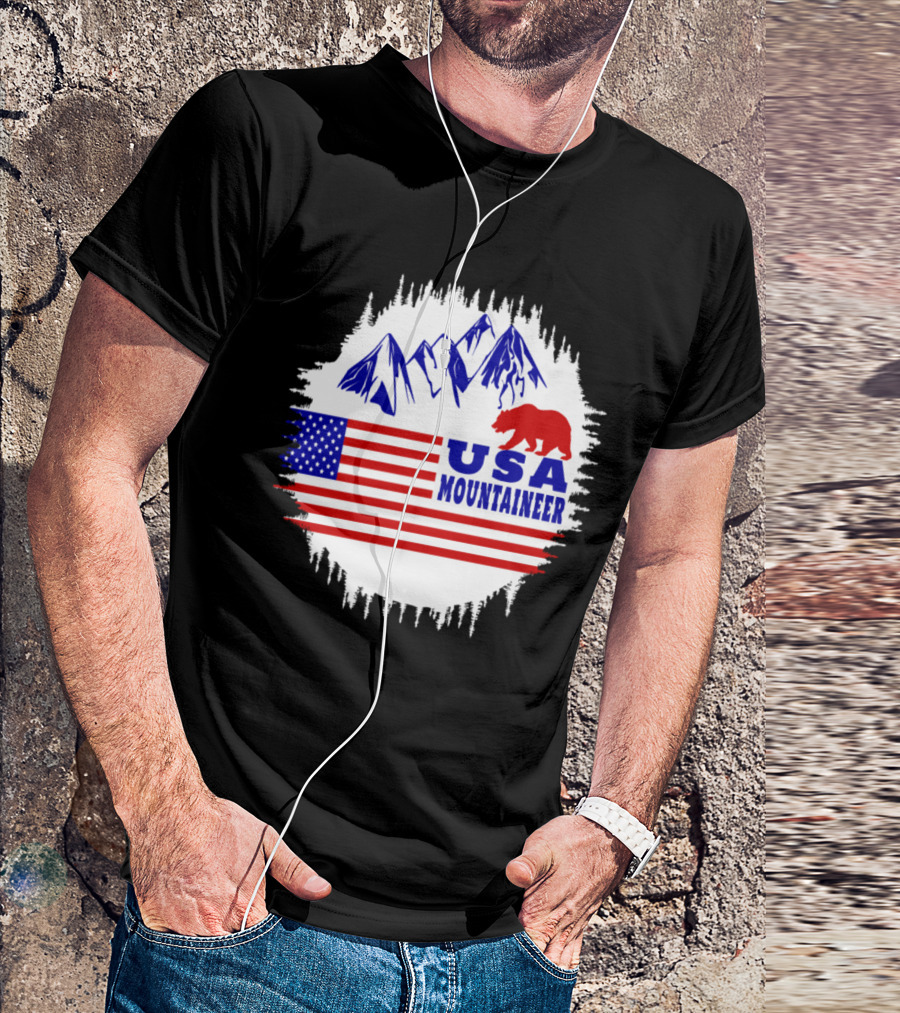 USA Mountaineer Bear And Flag Mountain Scene T-Shirt