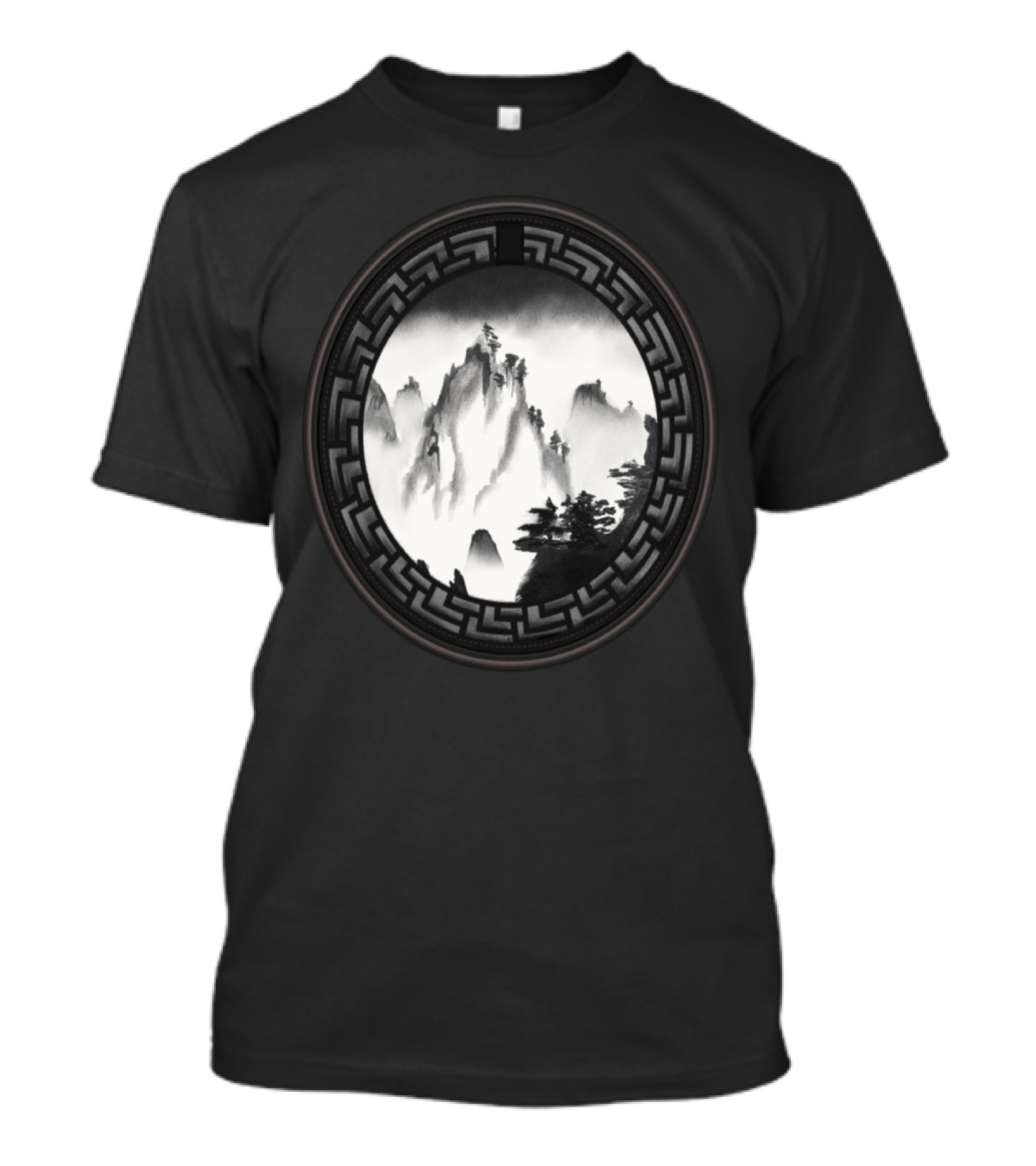 The Chinese Mountains Ink Wash Art With Geometric Border T-Shirt