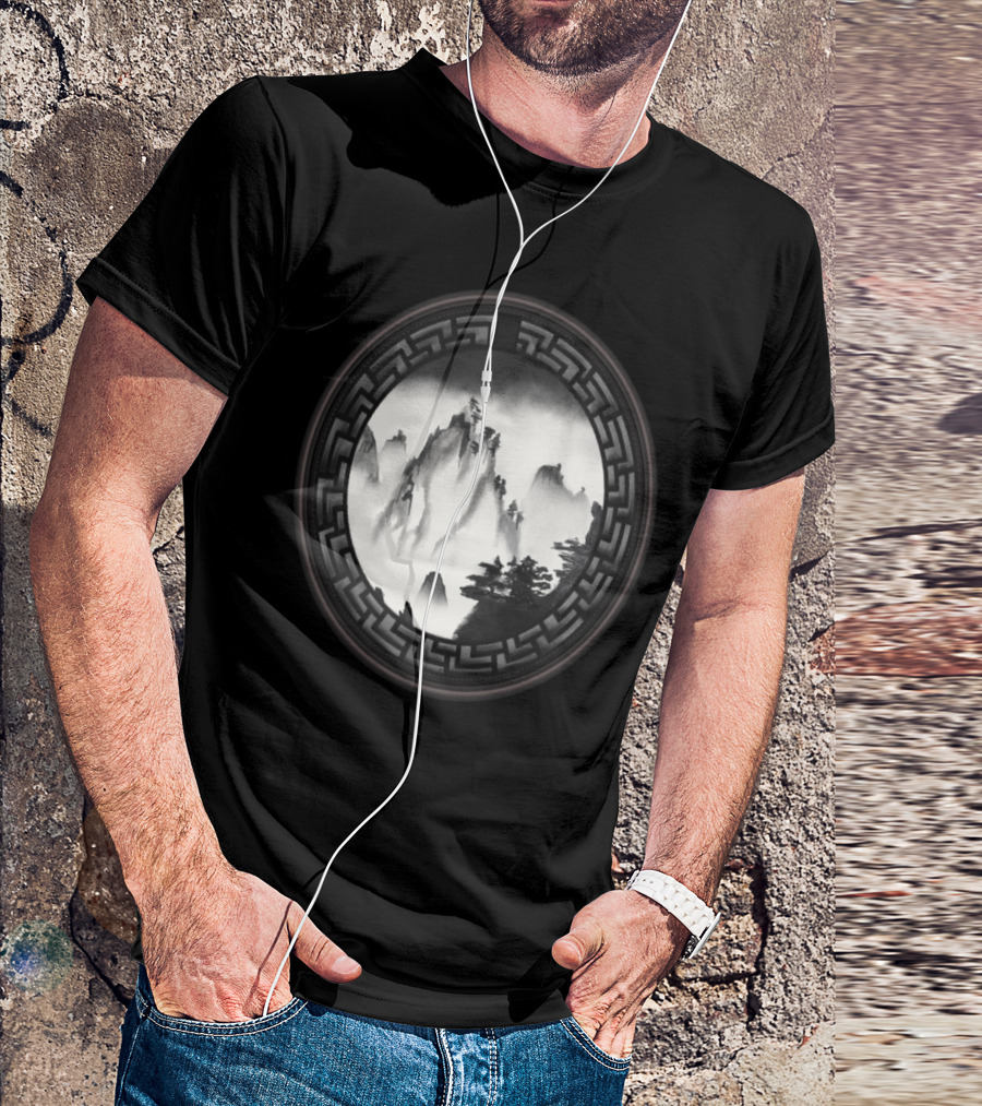 The Chinese Mountains Ink Wash Art With Geometric Border T-Shirt