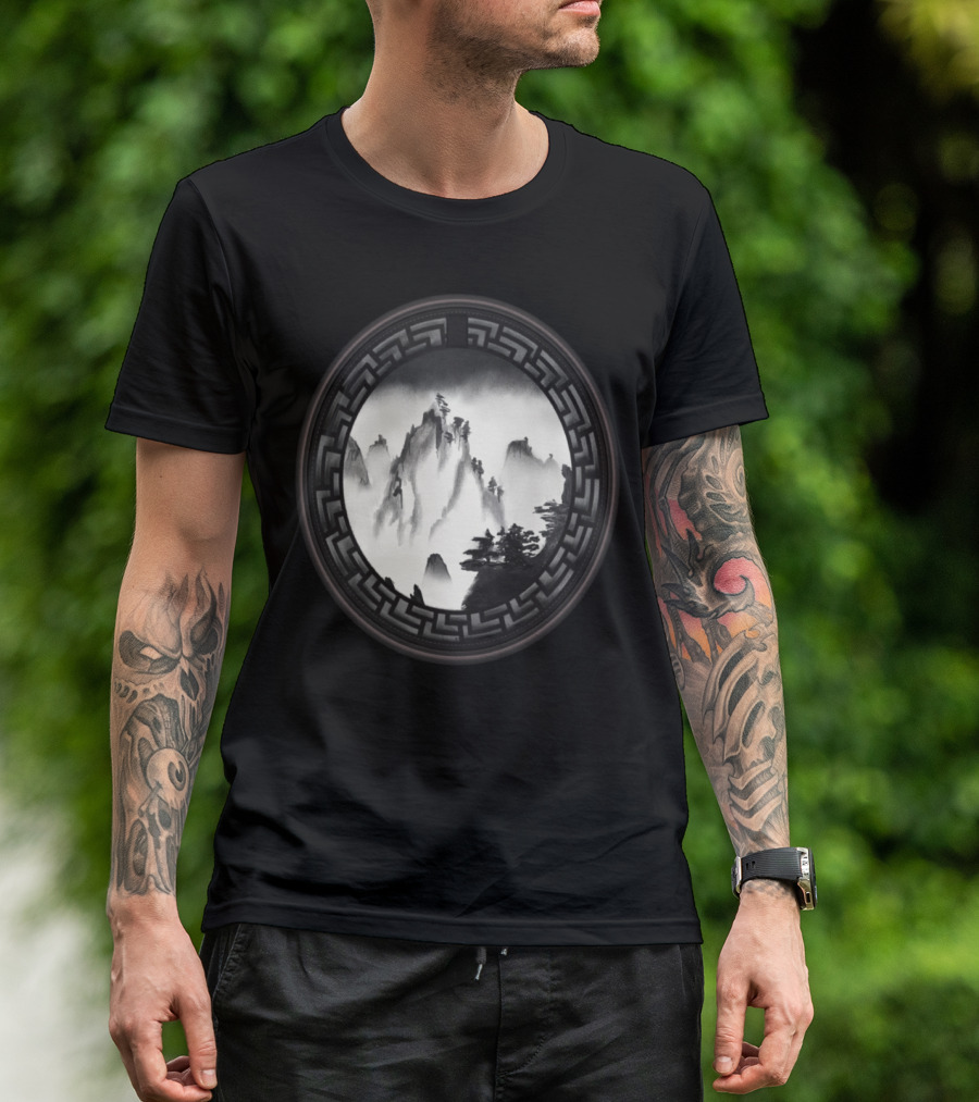 The Chinese Mountains Ink Wash Art With Geometric Border T-Shirt
