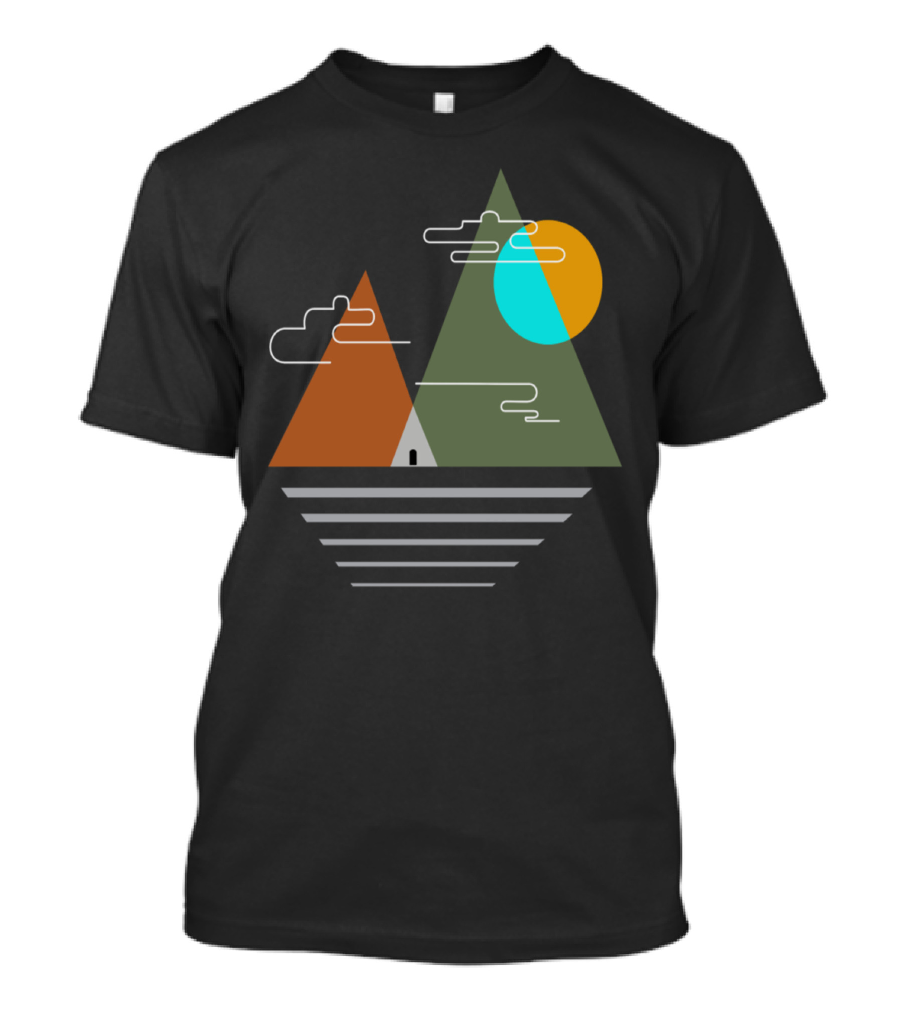 Mountain Camping Adventure With Geometric Sun And Clouds T-Shirt