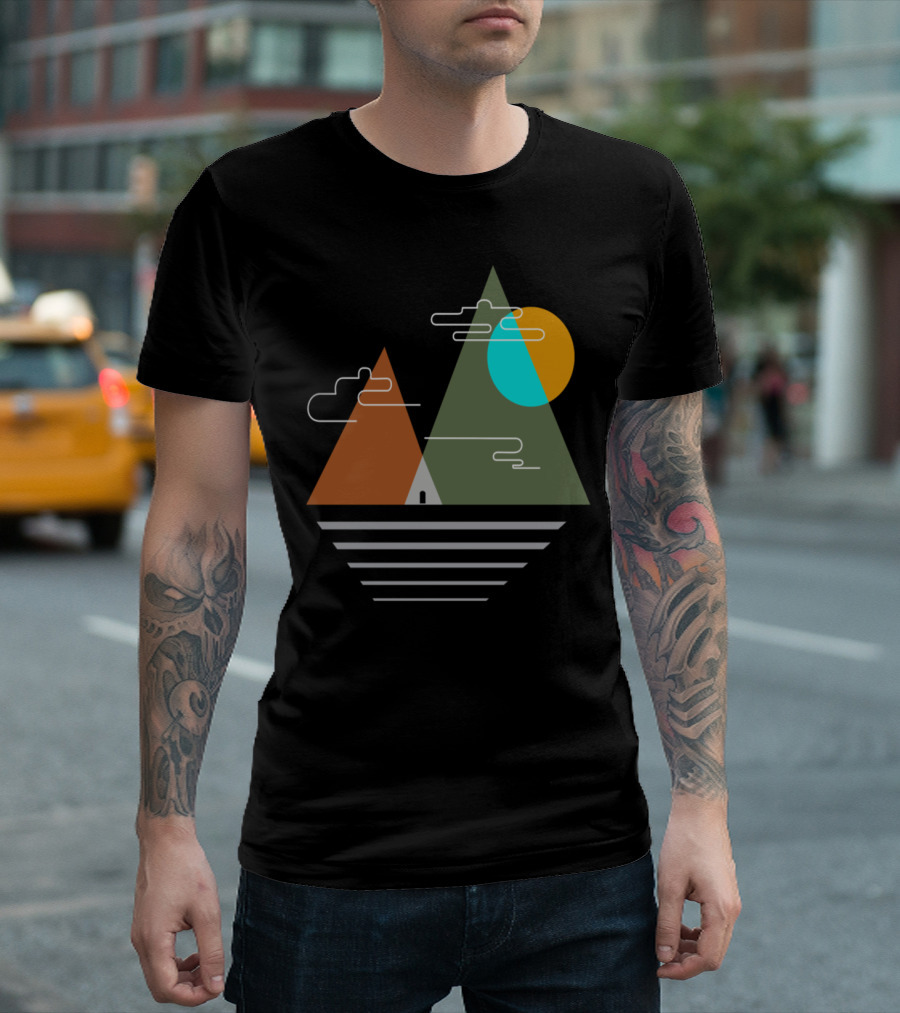 Mountain Camping Adventure With Geometric Sun And Clouds T-Shirt