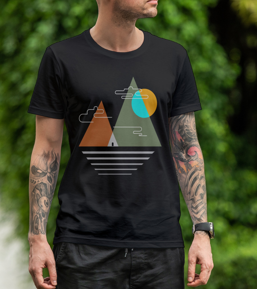 Mountain Camping Adventure With Geometric Sun And Clouds T-Shirt