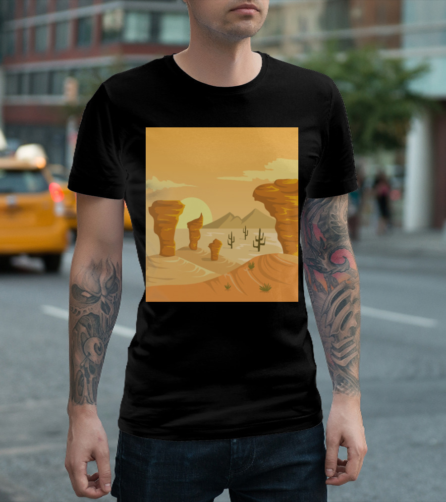 Western Desert Sunset Mountains And Heat With Cacti And Rock Formations T-Shirt