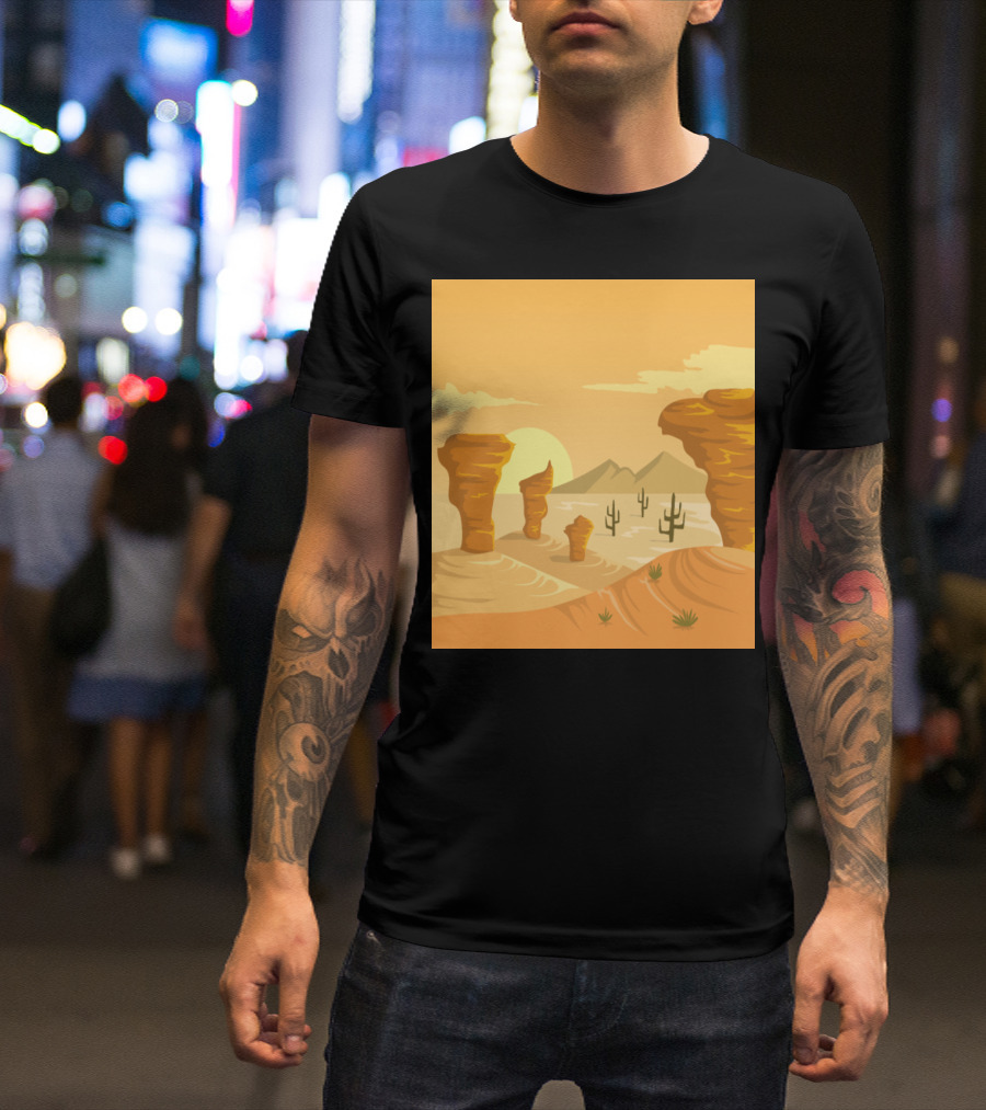 Western Desert Sunset Mountains And Heat With Cacti And Rock Formations T-Shirt