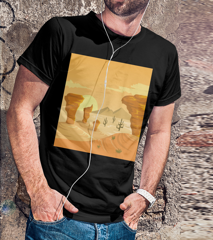 Western Desert Sunset Mountains And Heat With Cacti And Rock Formations T-Shirt