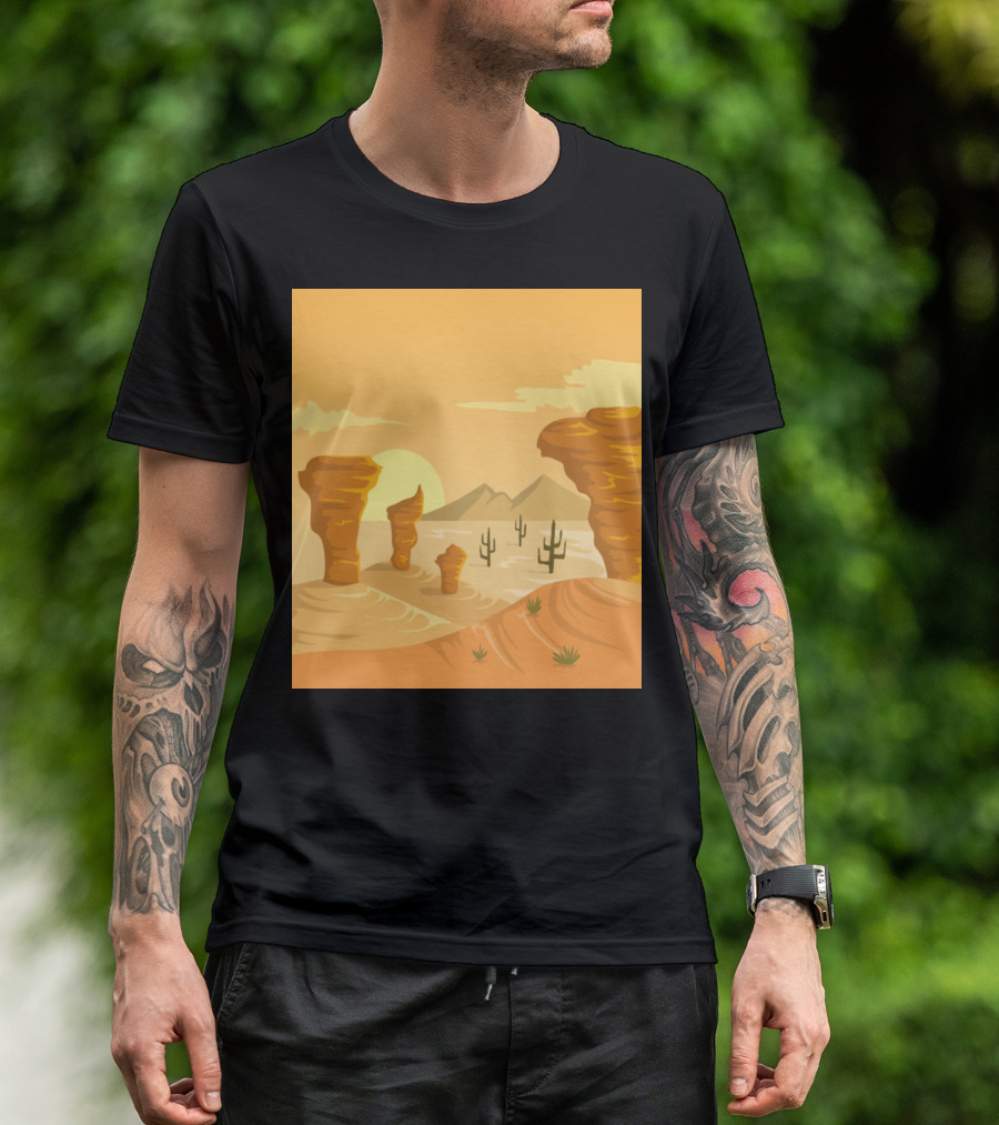 Western Desert Sunset Mountains And Heat With Cacti And Rock Formations T-Shirt