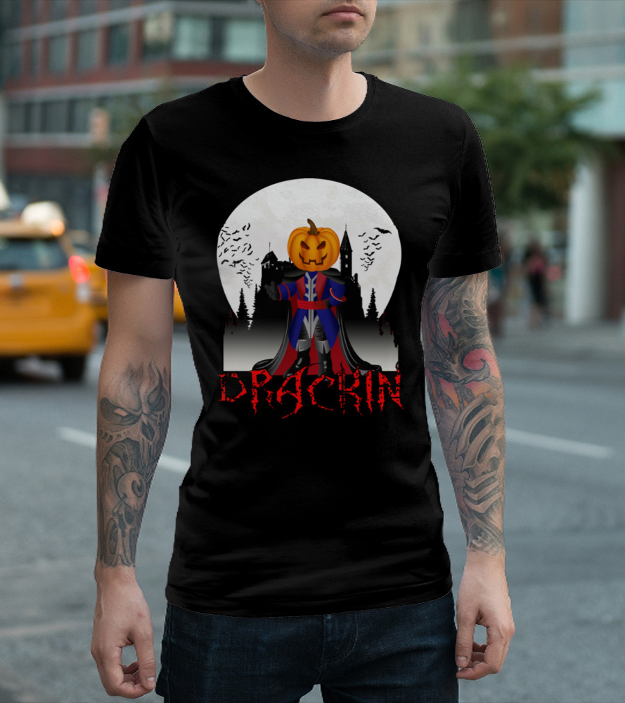 Drackin Pumpkin Dracula in Front of Haunted Castle with Full Moon and Bats T-Shirt