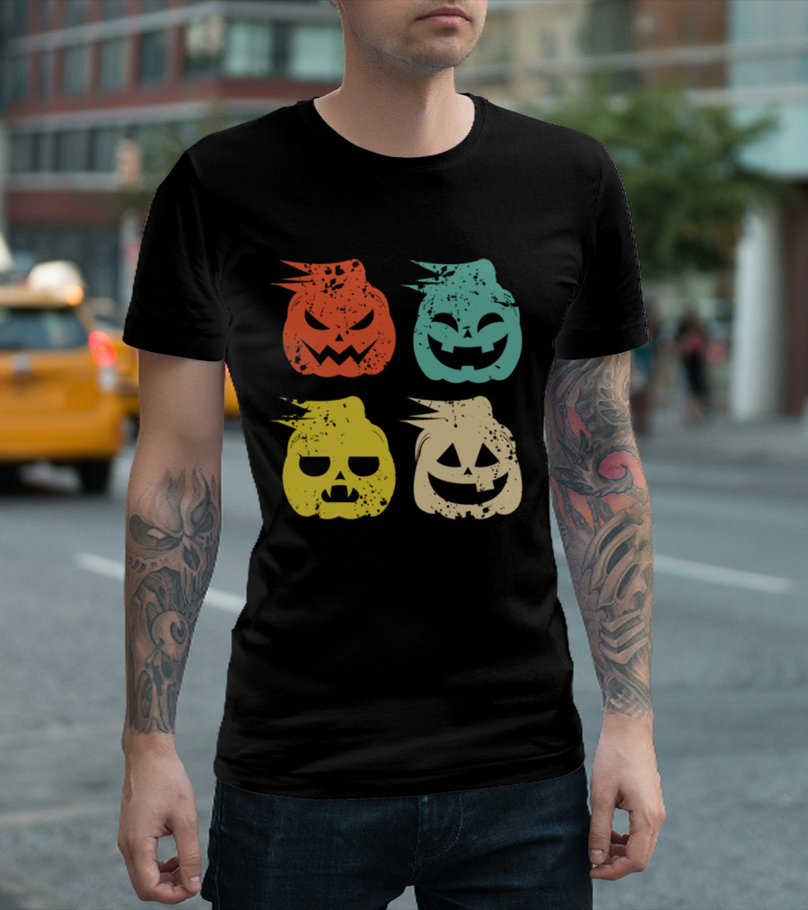 Vintage Pumpkin Jack-O'-Lantern Pop Art Quartet T-Shirt