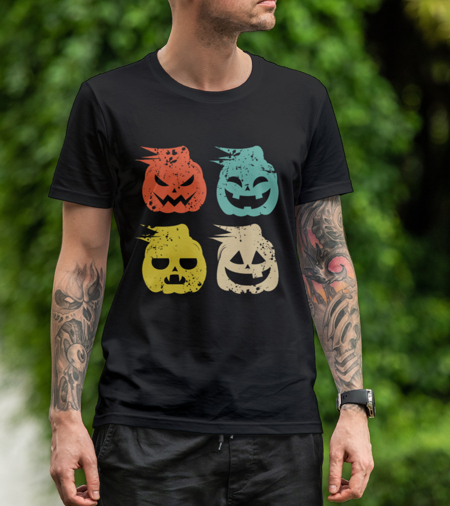 Vintage Pumpkin Jack-O'-Lantern Pop Art Quartet T-Shirt