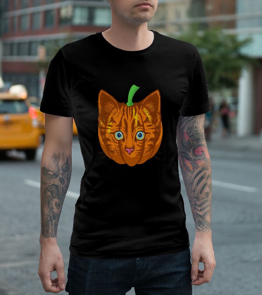Cat Face Pumpkin Halloween Head Orange Green Stem T-Shirt