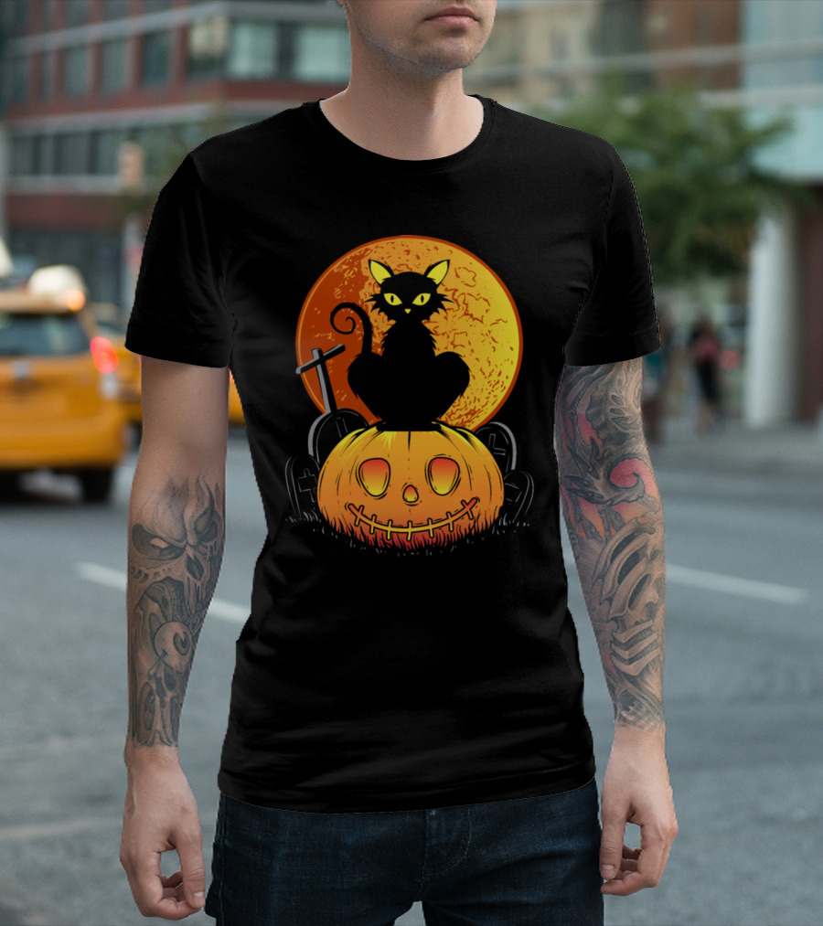 Black Cat on Pumpkin with Moon Halloween T-Shirt