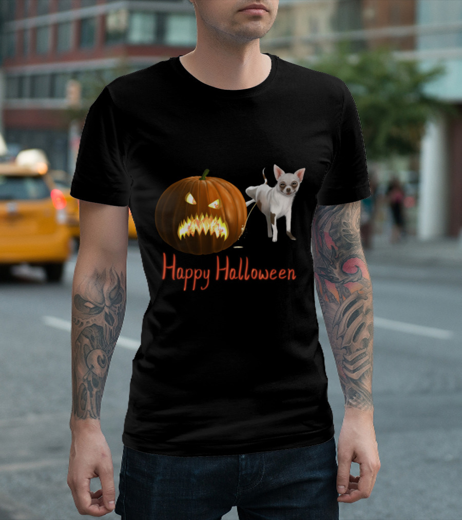 Happy Halloween Funny Pissed Angry Pumpkin And Chihuahua T-Shirt