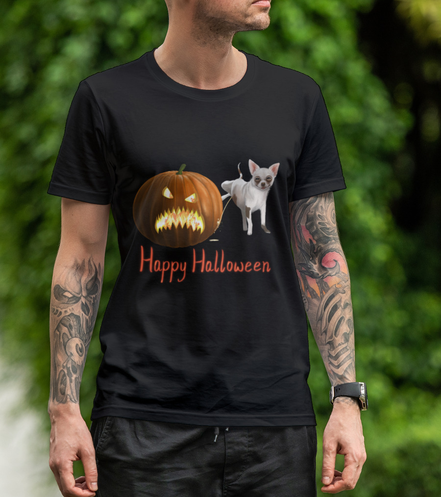 Happy Halloween Funny Pissed Angry Pumpkin And Chihuahua T-Shirt