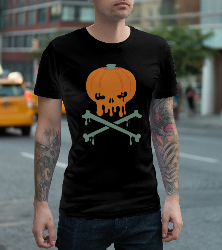 Pumpkin Skull Bones Cross Mad Pumpkin Head T-Shirt