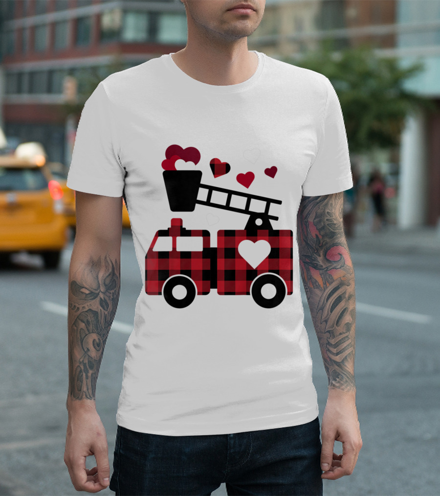 Kids Valentines Day Buffalo Plaid Fire Truck Hearts T-Shirt